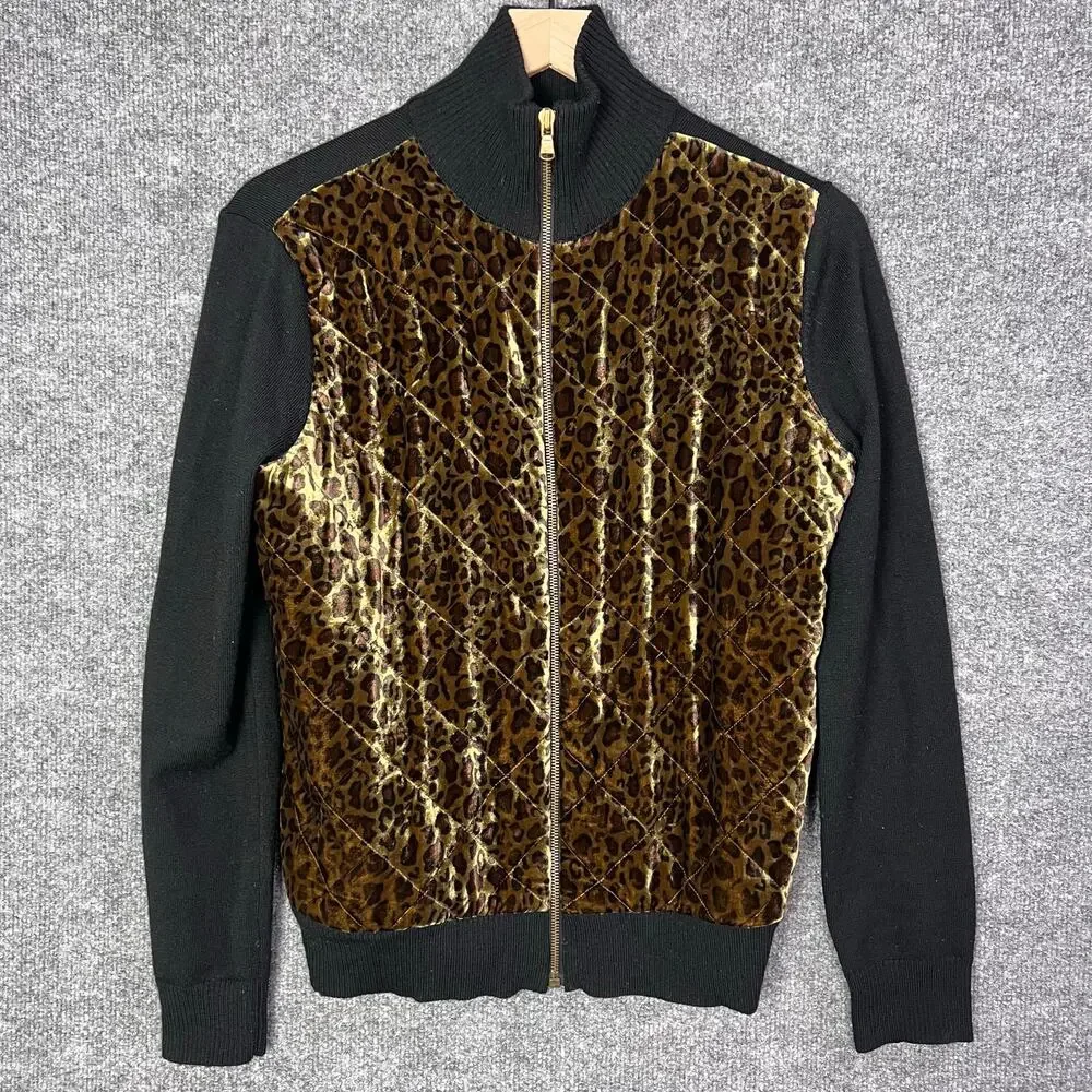 Ralph Lauren Quilted Velvet Leopard Black Wool Cardigan Sweater Jacket Size M - Picture 1 of 8